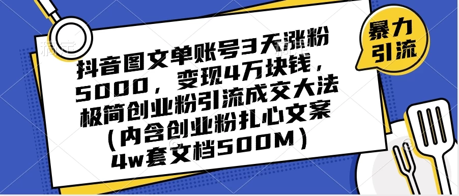抖音图文单账号 3 天涨粉 5000，变现 4 W，极简创业粉引流成交大法（内含扎心文案） - 项目资源网